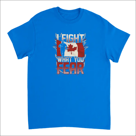 Canadian Firefighter T-Shirt: Blue Silhouette Fighting Flag with Bold Text
