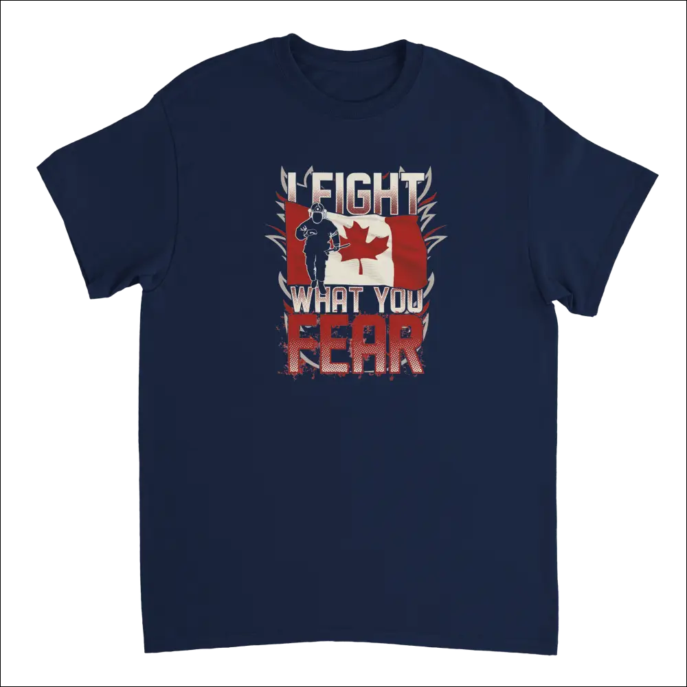 Navy blue Canadian firefighter t-shirt with soldier silhouette, flag, and I fight what you fear text