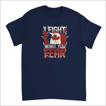 Navy blue Canadian firefighter t-shirt with soldier silhouette, flag, and I fight what you fear text