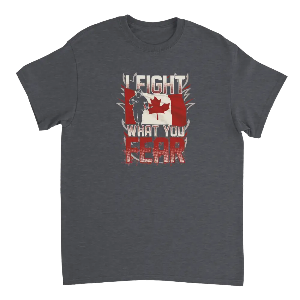 Dark gray Canadian firefighter t-shirt with flag graphic and I fight what you fear text