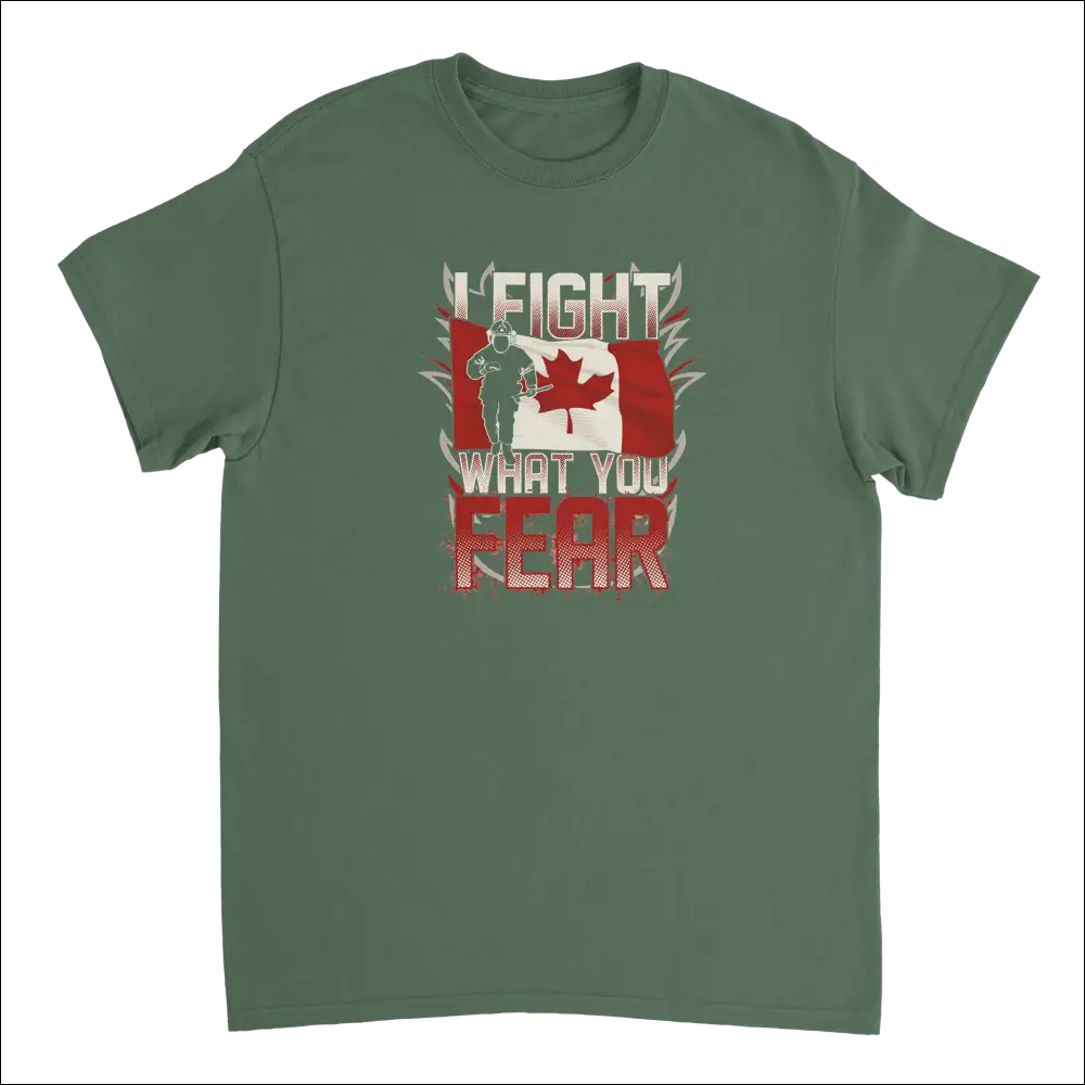 Olive green Canadian firefighter t-shirt with soldier silhouette, flag, and I fight what you fear text