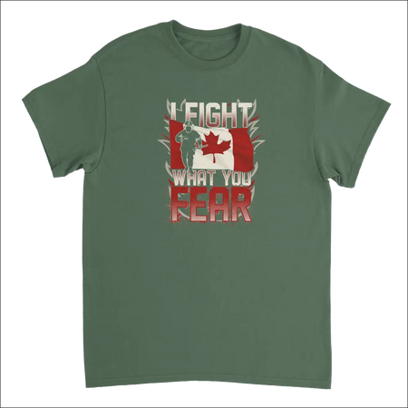 Olive green Canadian firefighter t-shirt with soldier silhouette, flag, and I fight what you fear text