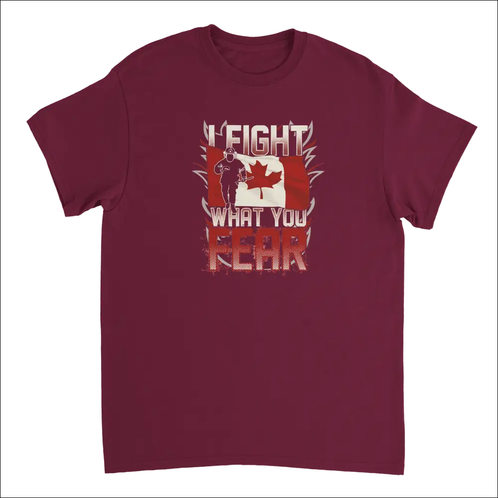 Maroon Canadian Firefighter T-Shirt with Soldier Silhouette and Flag