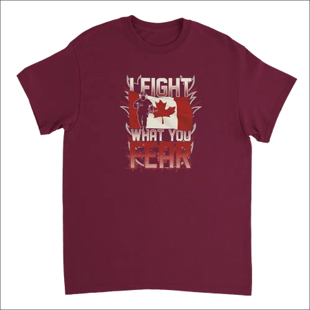 Maroon Canadian Firefighter T-Shirt with Soldier Silhouette and Flag