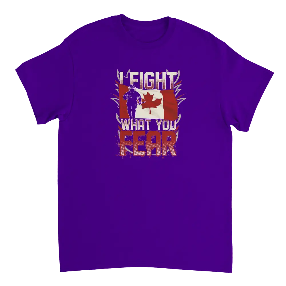 Purple Canadian firefighter t-shirt with I fight what you fear graphic