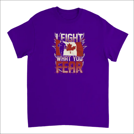 Purple Canadian firefighter t-shirt with I fight what you fear graphic