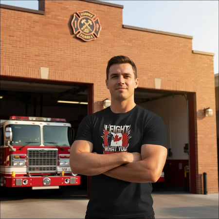 Black Canadian firefighter t-shirt with flag and Fight What You Fear design