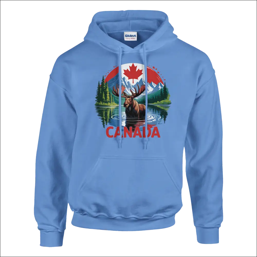Light blue Gildan hoodie with moose, Canadian mountains, maple leaf graphic