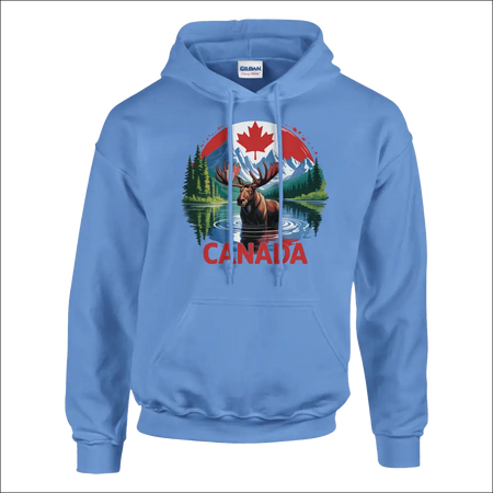Light blue Gildan hoodie with moose, Canadian mountains, maple leaf graphic