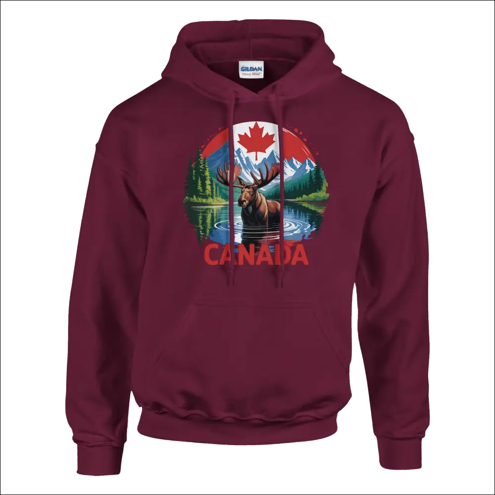 Maroon Canadian Moose Mountains Hoodie with Canada Graphic