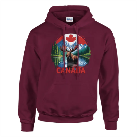 Maroon Canadian Moose Mountains Hoodie with Canada Graphic