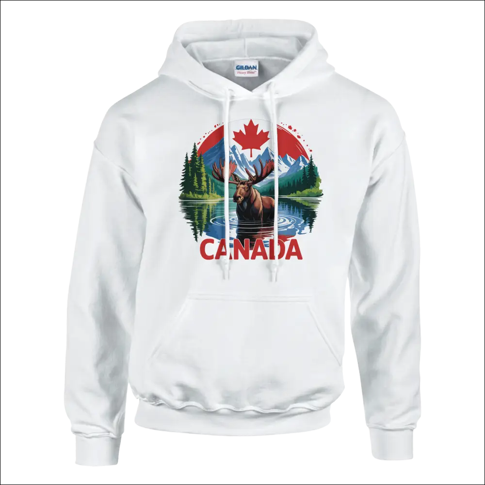 Canadian Moose & Mountains Pullover Hoodie with vibrant graphic