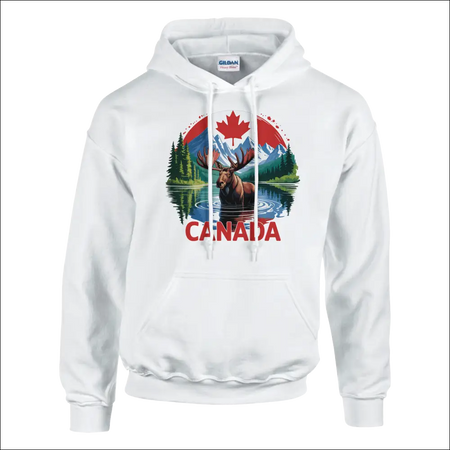 Canadian Moose & Mountains Pullover Hoodie with vibrant graphic