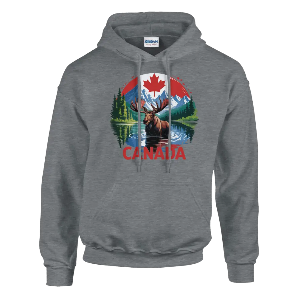 Gray heathered Canadian Moose and Mountains hoodie with vibrant graphic