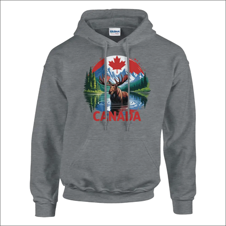 Gray heathered Canadian Moose and Mountains hoodie with vibrant graphic