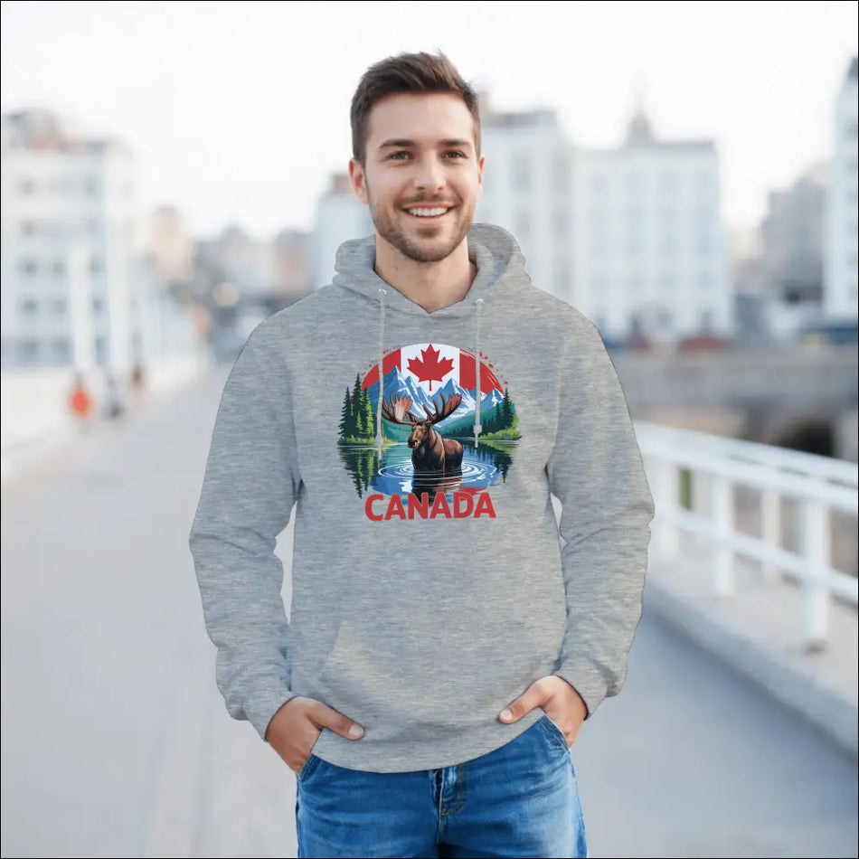 Gray Canadian Moose & Mountains Pullover Hoodie with vibrant graphic
