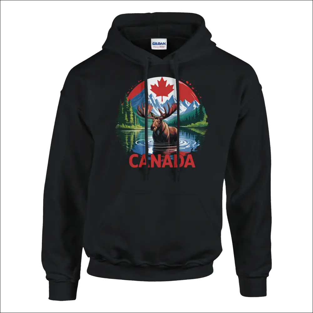 Black Canadian Moose & Mountains Pullover Hoodie with flag graphic