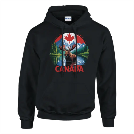 Black Canadian Moose & Mountains Pullover Hoodie with flag graphic