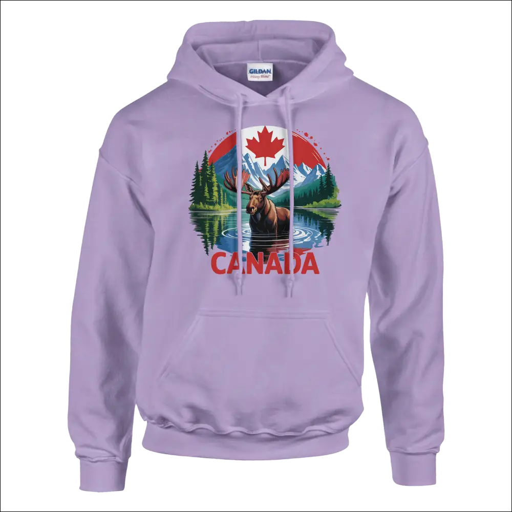 Canadian Moose & Mountains Lavender Gildan Hoodie with Moose Graphic