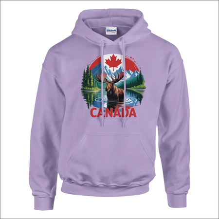 Canadian Moose & Mountains Lavender Gildan Hoodie with Moose Graphic