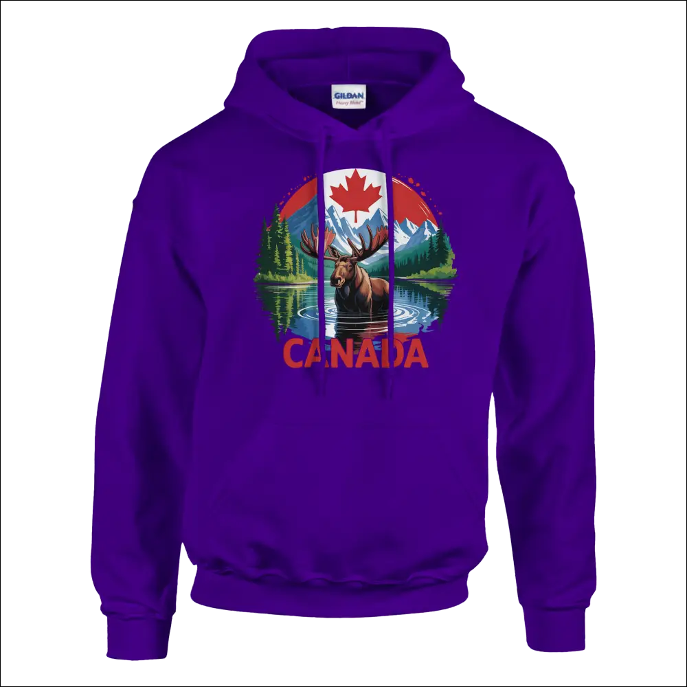 Purple Canadian Moose & Mountains Heavy Blend Hoodie with maple leaf