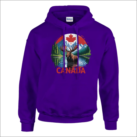 Purple Canadian Moose & Mountains Heavy Blend Hoodie with maple leaf