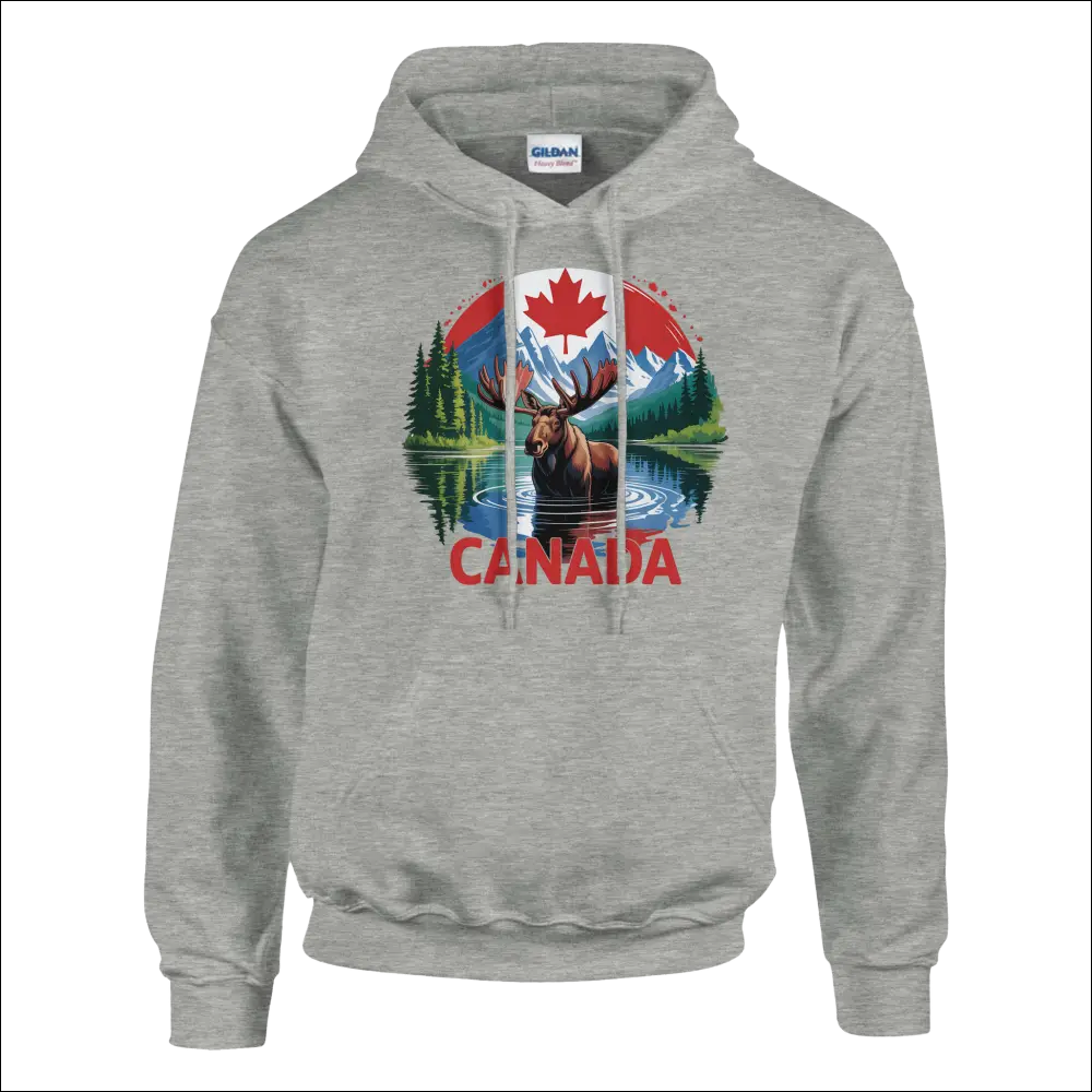 Canadian Moose and Mountains Heather Gray Gildan Hoodie
