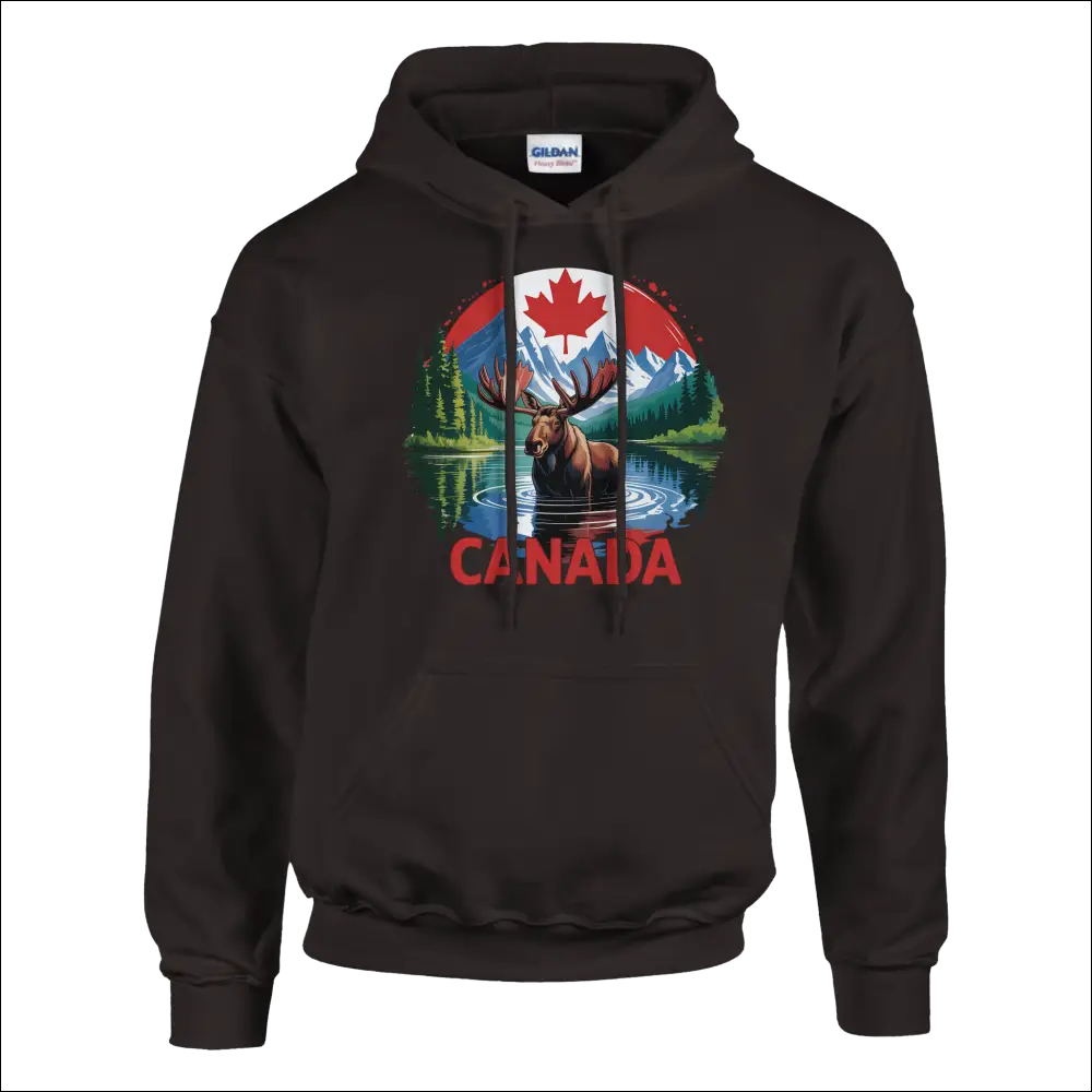 Black Gildan hoodie with vibrant moose, Canadian mountains, maple leaf graphic