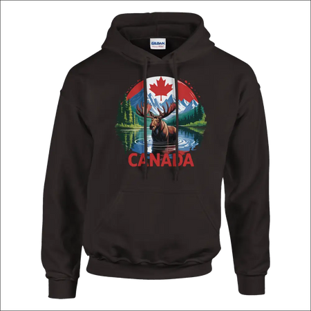 Black Gildan hoodie with vibrant moose, Canadian mountains, maple leaf graphic