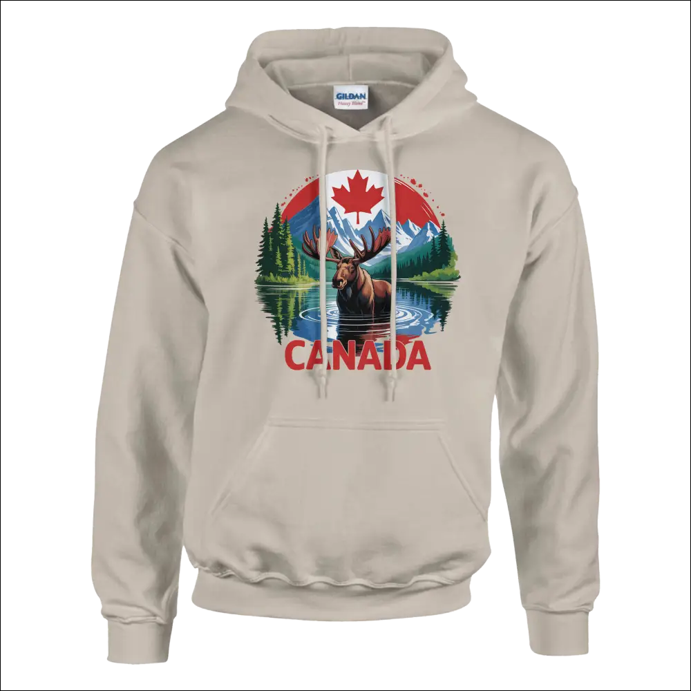 Canadian Moose & Mountains Pullover Hoodie with beige hooded sweatshirt, vibrant moose graphic, mountains, and red maple leaf