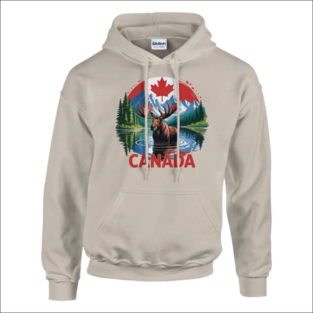 Canadian Moose & Mountains Pullover Hoodie with beige hooded sweatshirt, vibrant moose graphic, mountains, and red maple leaf