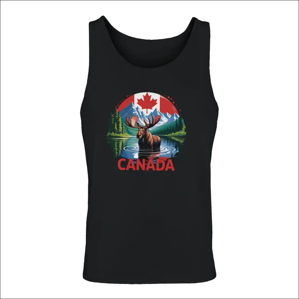 Men’s black Canadian Moose & Mountains tank top with vibrant graphic