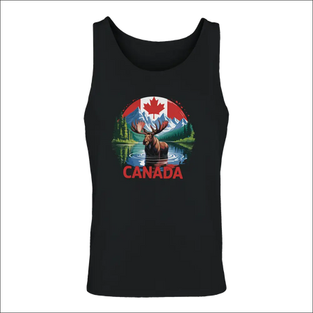 Men’s black Canadian Moose & Mountains tank top with vibrant graphic