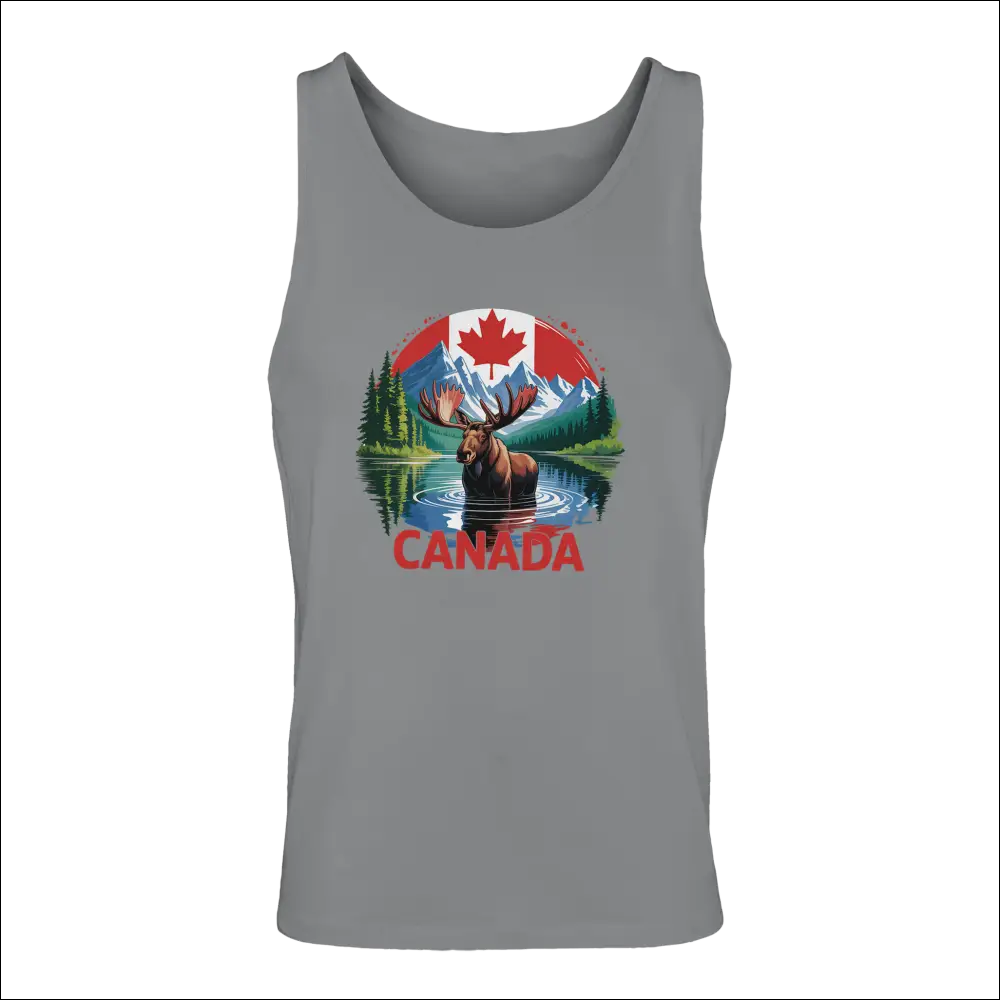 Gray Canadian moose and mountains tank top with flag graphic on cotton tee