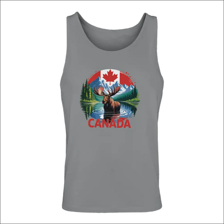 Gray Canadian moose and mountains tank top with flag graphic on cotton tee