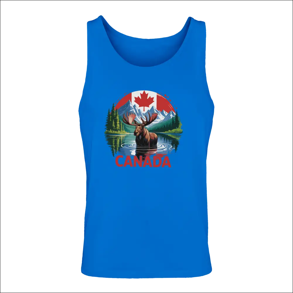 Men’s Canadian Moose & Mountains tank top with blue moose graphic and flag