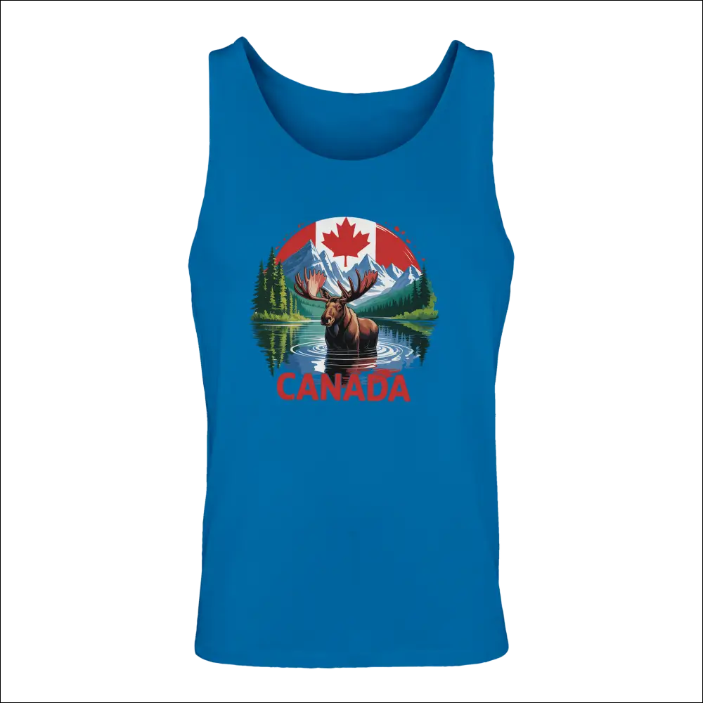 Men’s Canadian Moose and Mountains blue tank top with flag graphic
