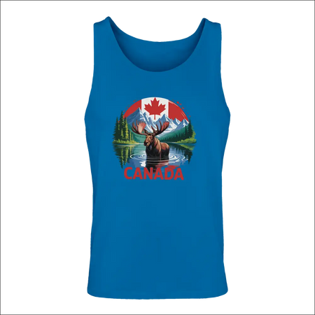 Men’s Canadian Moose and Mountains blue tank top with flag graphic
