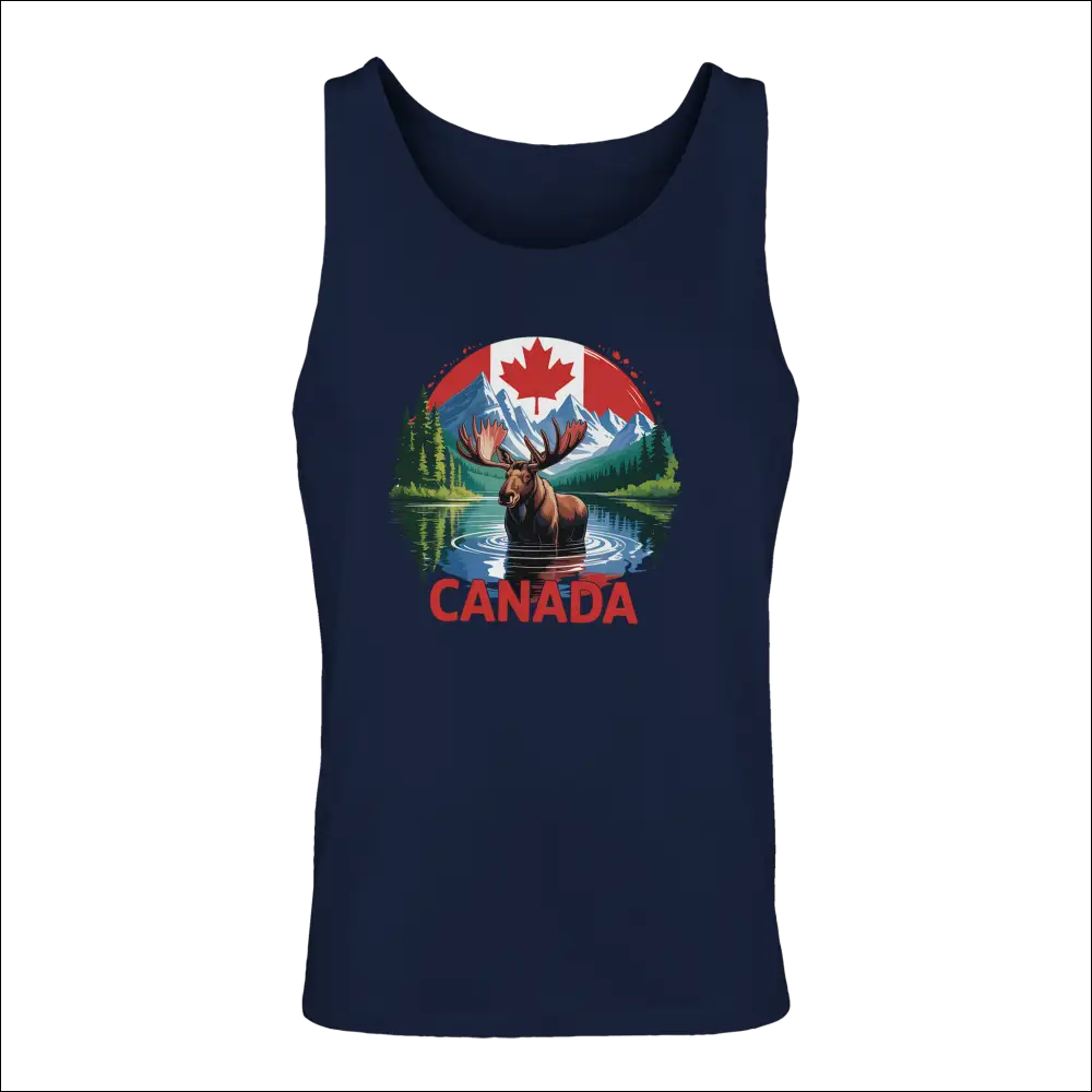 Men’s navy blue Canadian Moose & Mountains tank top with vibrant graphic