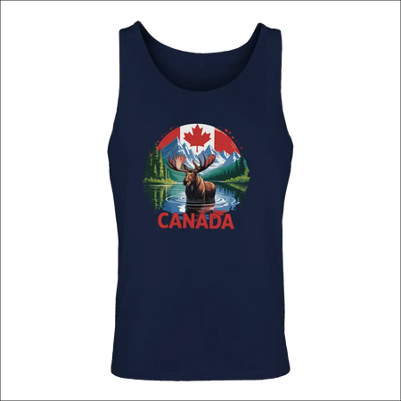 Men’s navy blue Canadian Moose & Mountains tank top with vibrant graphic