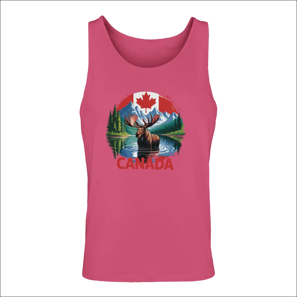 Canadian Moose & Mountains men’s pink tank top with moose graphic