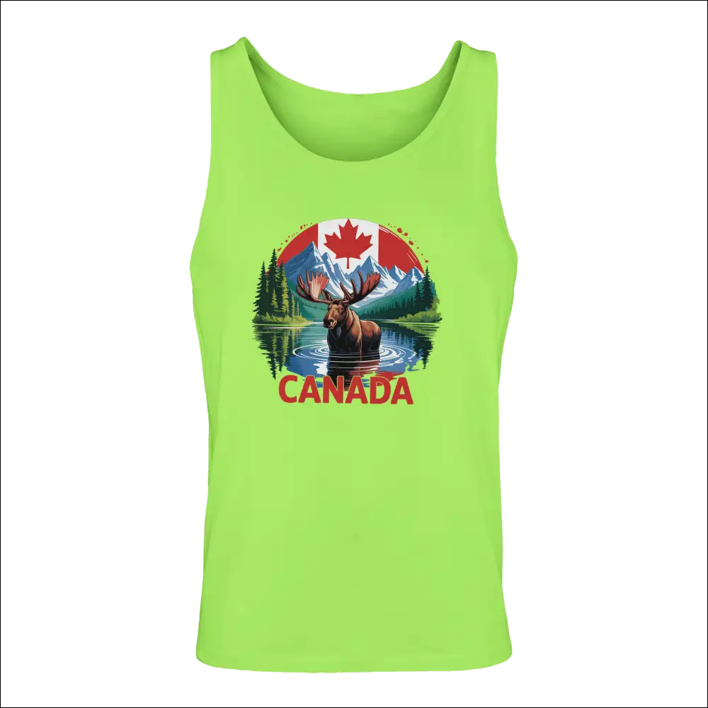 Canadian Moose & Mountains men’s neon green tank top with moose graphic