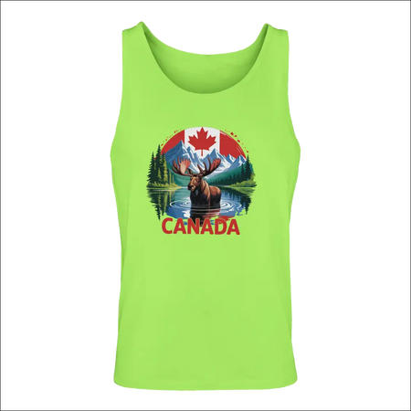 Canadian Moose & Mountains men’s neon green tank top with moose graphic