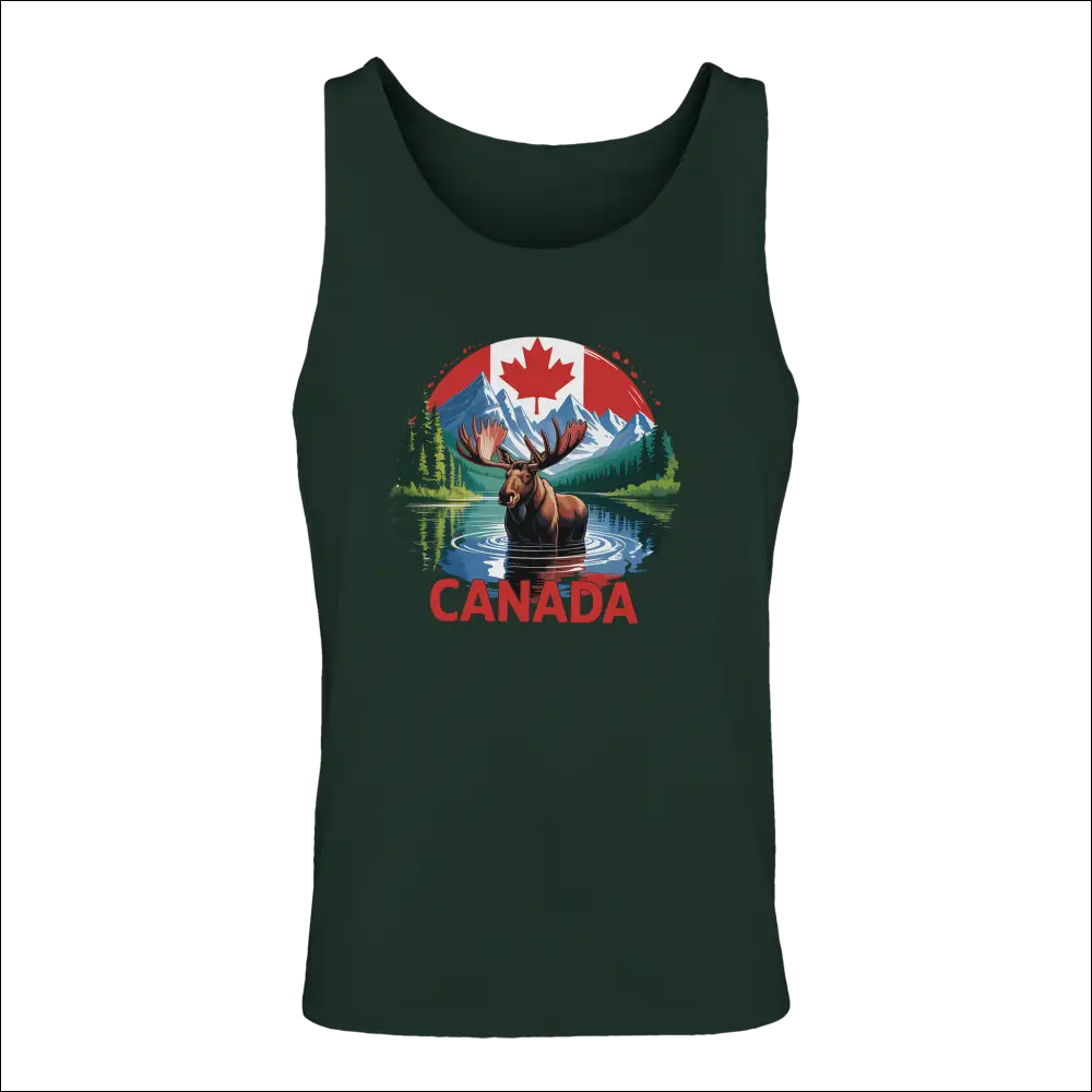 Men’s Canadian Moose and Mountains dark green tank top with graphic