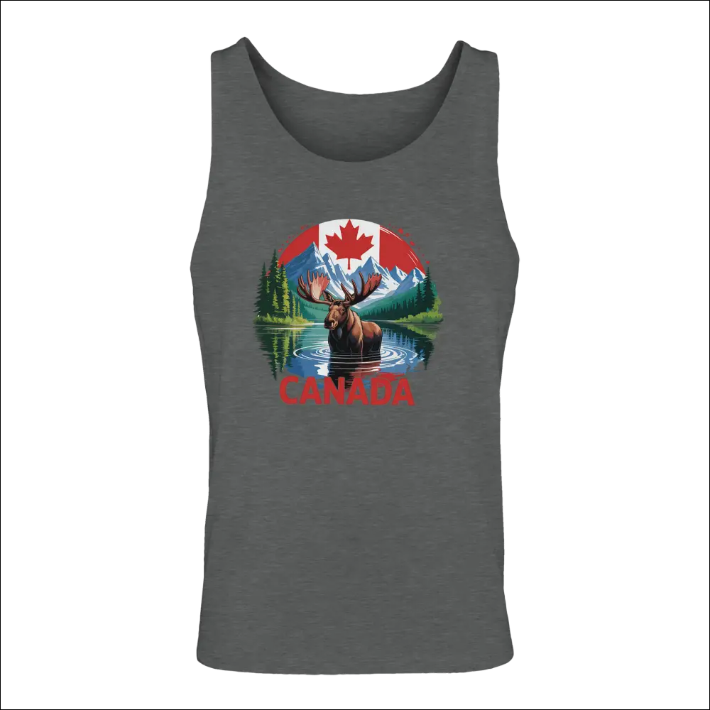 Men’s Canadian Moose & Mountains dark gray tank top with vibrant graphic