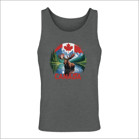Men’s Canadian Moose & Mountains dark gray tank top with vibrant graphic