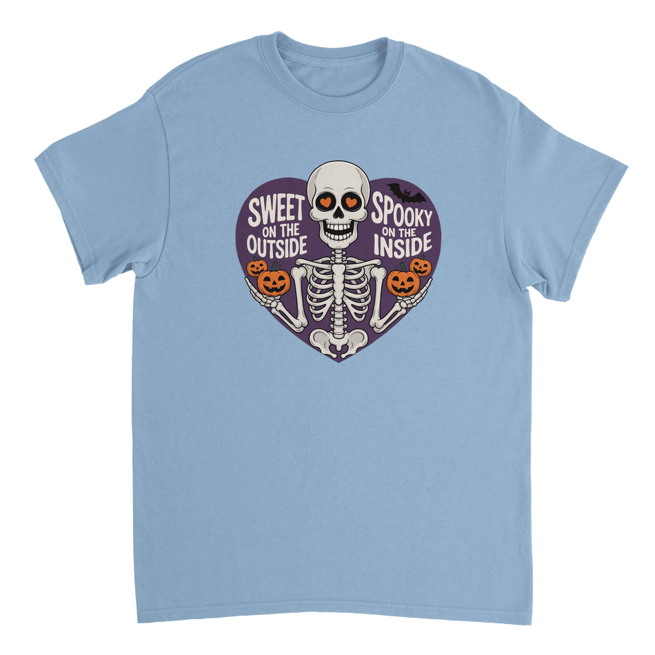 Sweet on the Outside, Spooky on the Inside Skeleton T-Shirt – Heart Eyes & Pumpkins, Heavyweight Cotton Tee - KPAP Canada