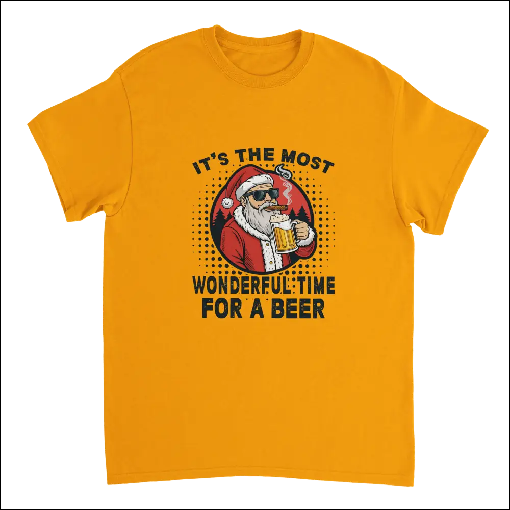 Vibrant orange Santa Claus beer t-shirt with sunglasses and cigar