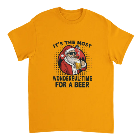 Vibrant orange Santa Claus beer t-shirt with sunglasses and cigar
