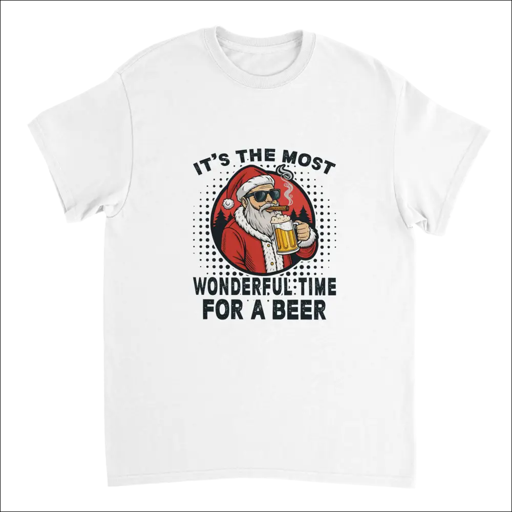 White cotton t-shirt with cartoon Santa in sunglasses smoking cigar holding beer mug and text Its the most wonderful time for a beer
